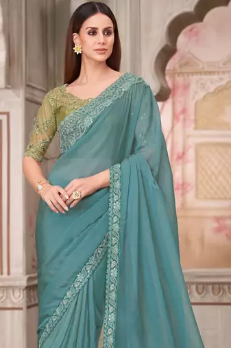 Sea green pista green georgette embroidered bollywood-saree