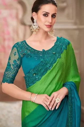 Multi green chiffon embroidered bridal-saree