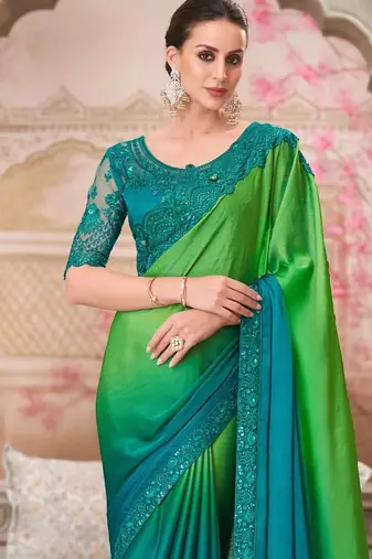Multi green chiffon embroidered bridal-saree
