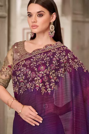 Purple pink georgette embroidered bridal-saree