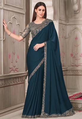 Teal green georgette embroidered bridal-saree 1