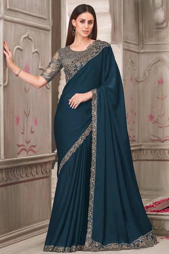 Teal green georgette embroidered bridal-sarees