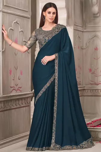 Teal green georgette embroidered bridal-sarees
