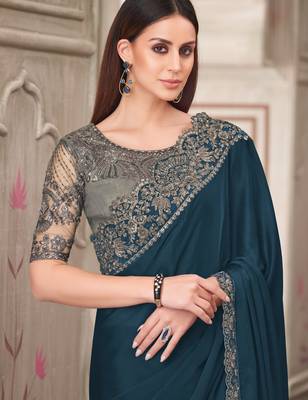 Teal green georgette embroidered bridal-saree 2