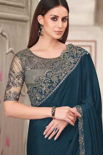 Teal green georgette embroidered bridal-saree
