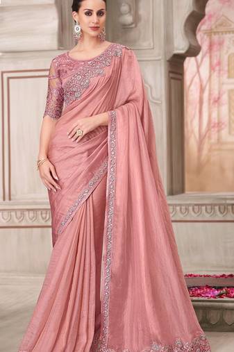 peach silk blend embroidered ethnic-sarees