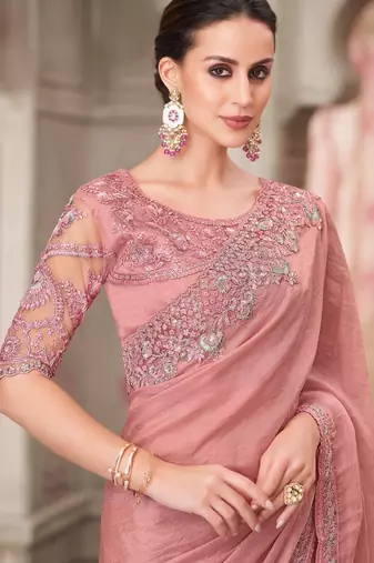 peach silk blend embroidered ethnic-saree