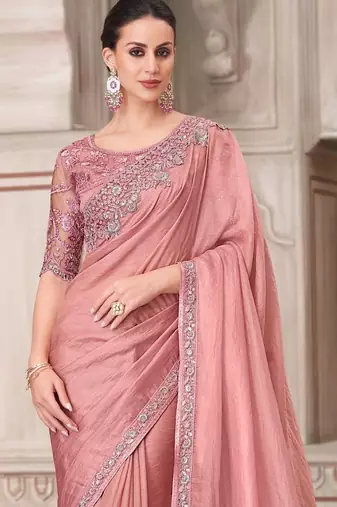 peach silk blend embroidered ethnic-saree