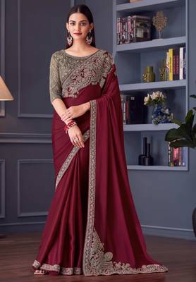 maroon beige silk blend embroidered ethnic-saree 1
