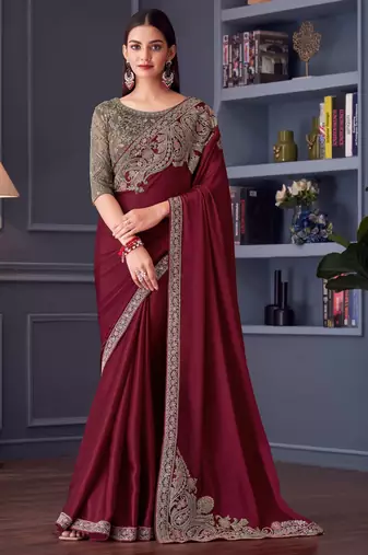 maroon,beige silk blend embroidered ethnic-sarees