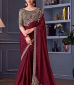 maroon,beige silk blend embroidered ethnic-sarees