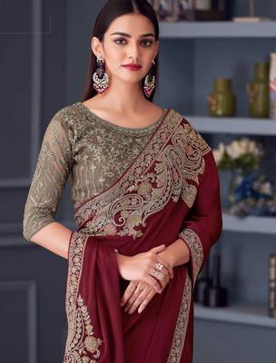 maroon beige silk blend embroidered ethnic-saree 2