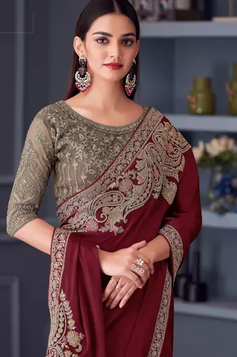 maroon beige silk blend embroidered ethnic-saree
