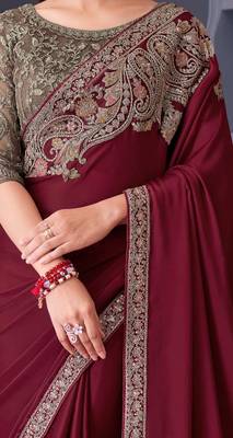 maroon beige silk blend embroidered ethnic-saree 3