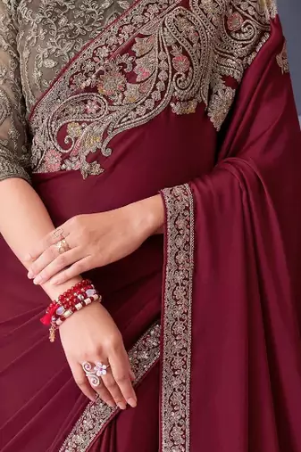 maroon beige silk blend embroidered ethnic-saree