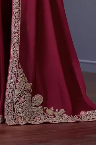 maroon beige silk blend embroidered ethnic-saree