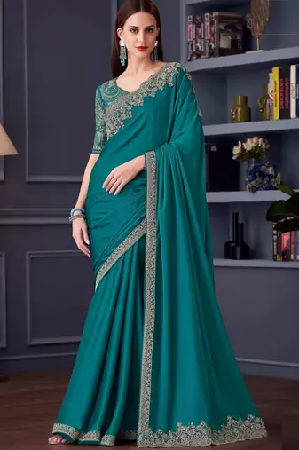 turquoise green silk blend embroidered ethnic-sarees