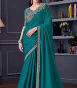 turquoise green silk blend embroidered ethnic-sarees