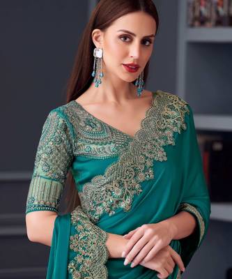 turquoise green silk blend embroidered ethnic-saree 2