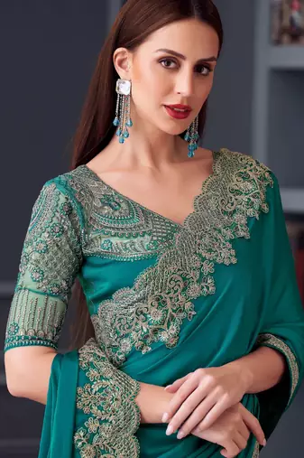 turquoise green silk blend embroidered ethnic-saree