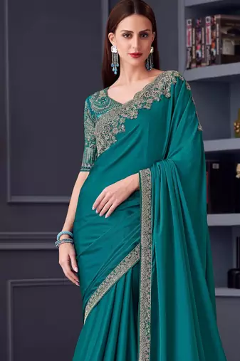 turquoise green silk blend embroidered ethnic-saree