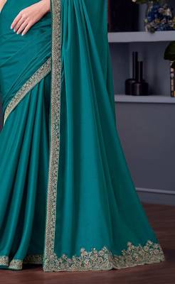 turquoise green silk blend embroidered ethnic-saree 4