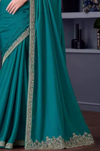 turquoise green silk blend embroidered ethnic-saree