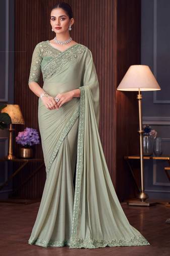 pista green silk blend embroidered ethnic-sarees