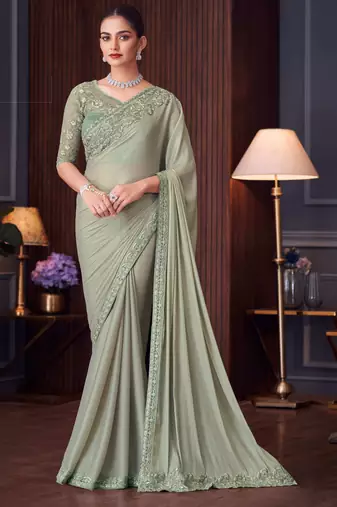 pista green silk blend embroidered ethnic-sarees