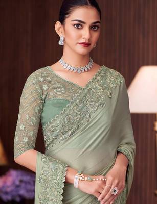 pista green silk blend embroidered ethnic-saree 2