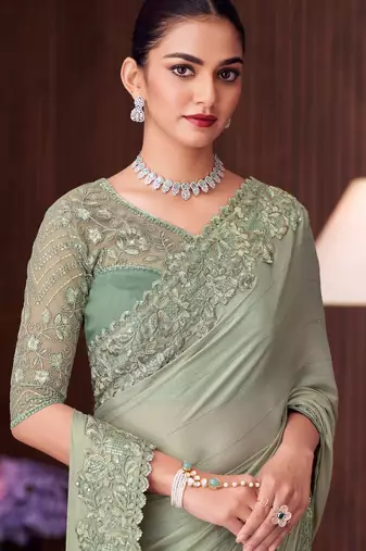 pista green silk blend embroidered ethnic-saree