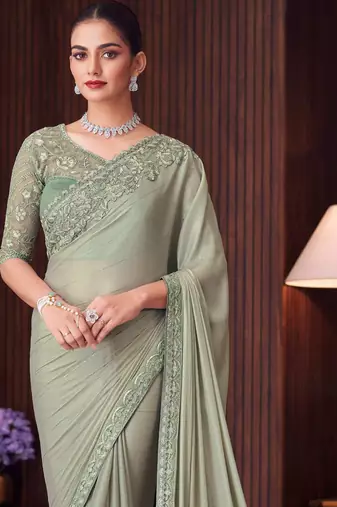 pista green silk blend embroidered ethnic-saree
