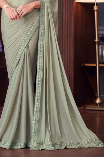 pista green silk blend embroidered ethnic-saree