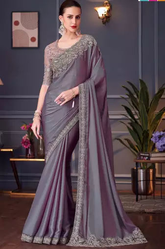 mauve silk blend embroidered party-wear-sarees