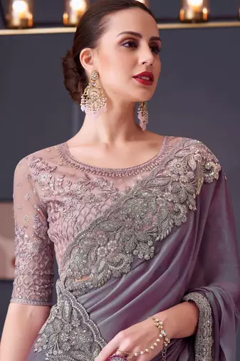 mauve silk blend embroidered party-wear-saree