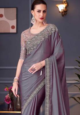 mauve silk blend embroidered party-wear-saree 3