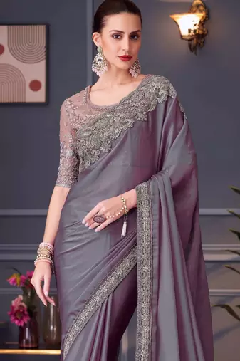mauve silk blend embroidered party-wear-saree