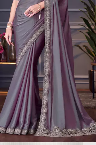 mauve silk blend embroidered party-wear-saree
