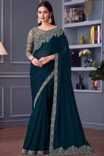 Teal green,beige georgette embroidered party-wear-sarees