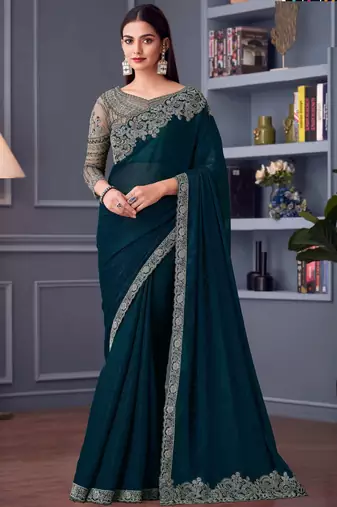 Teal green,beige georgette embroidered party-wear-sarees