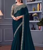 Teal green,beige georgette embroidered party-wear-sarees