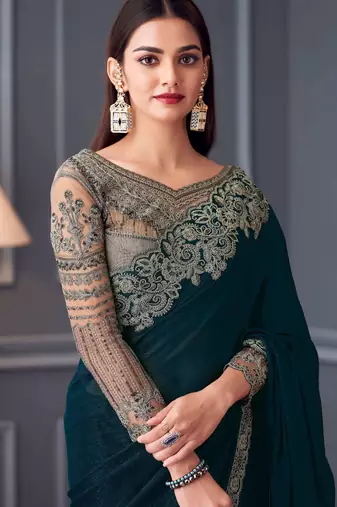 Teal green beige georgette embroidered party-wear-saree