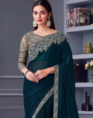Teal green beige georgette embroidered party-wear-saree 3
