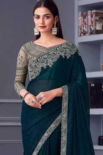 Teal green beige georgette embroidered party-wear-saree