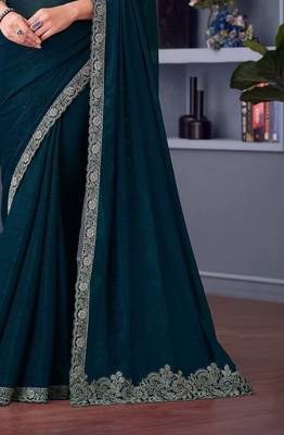Teal green beige georgette embroidered party-wear-saree 4