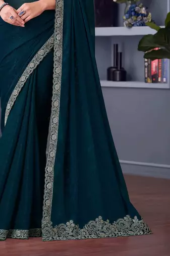 Teal green beige georgette embroidered party-wear-saree