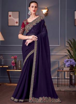 Purple red georgette embroidered party-wear-saree 1