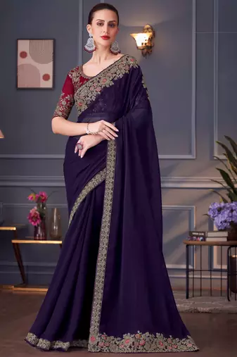 Purple,red georgette embroidered party-wear-sarees