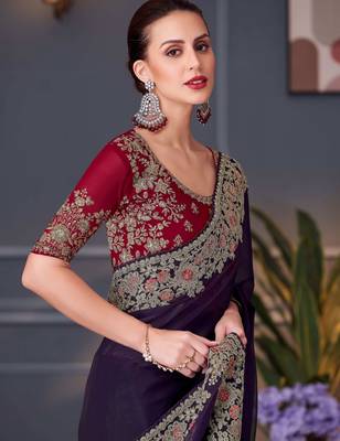 Purple red georgette embroidered party-wear-saree 2