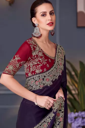 Purple red georgette embroidered party-wear-saree